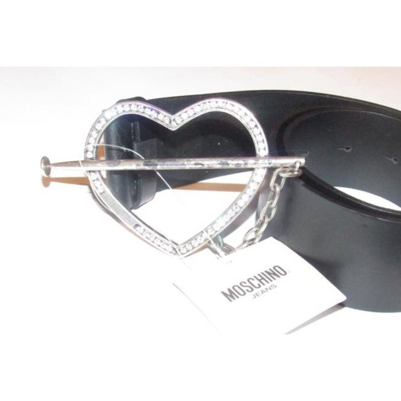 Moschino Black Leather Crystals Heart Buckle